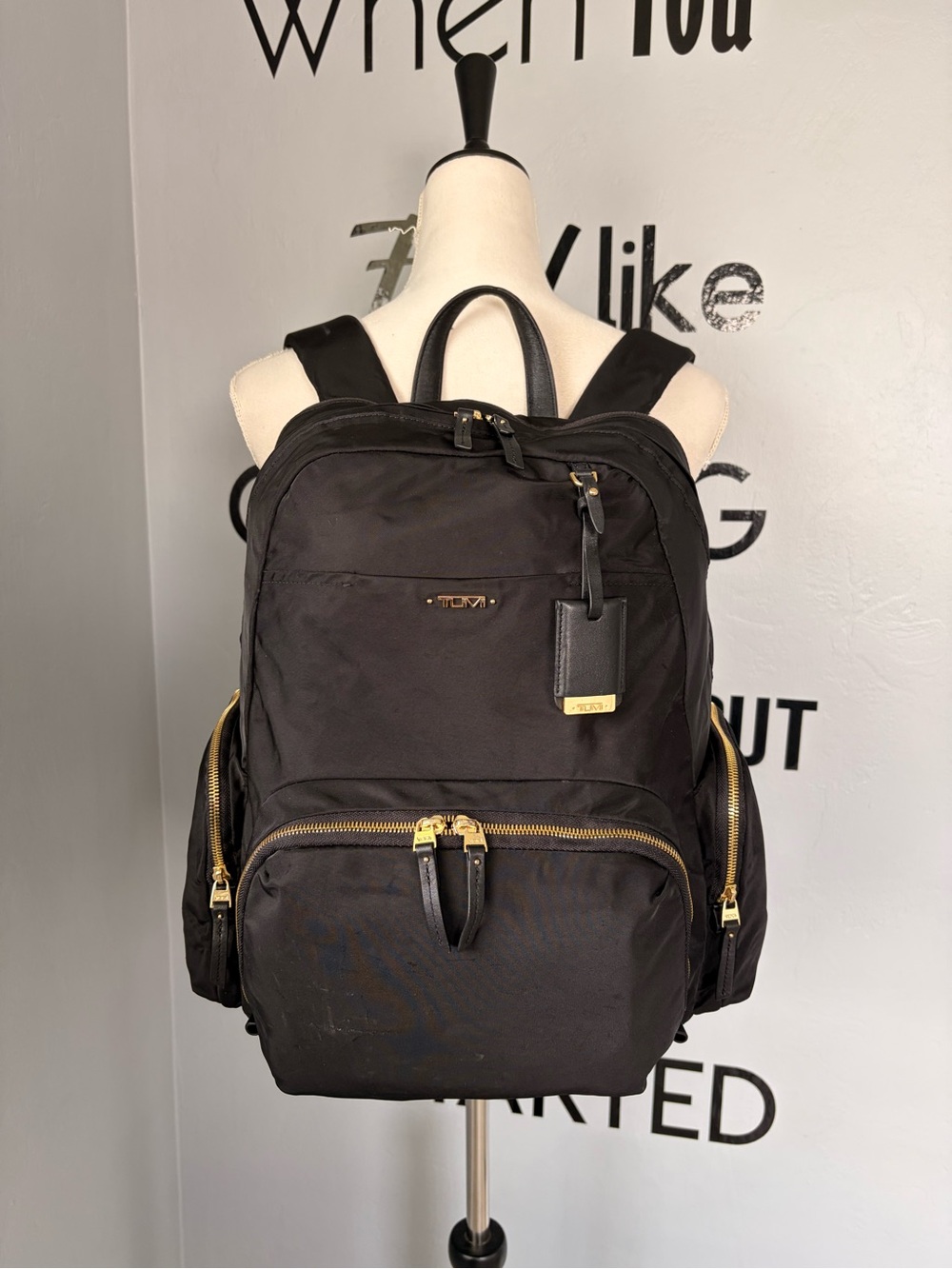 Tumi Maggie Black Nylon Backpack with Gold Hardware Accents